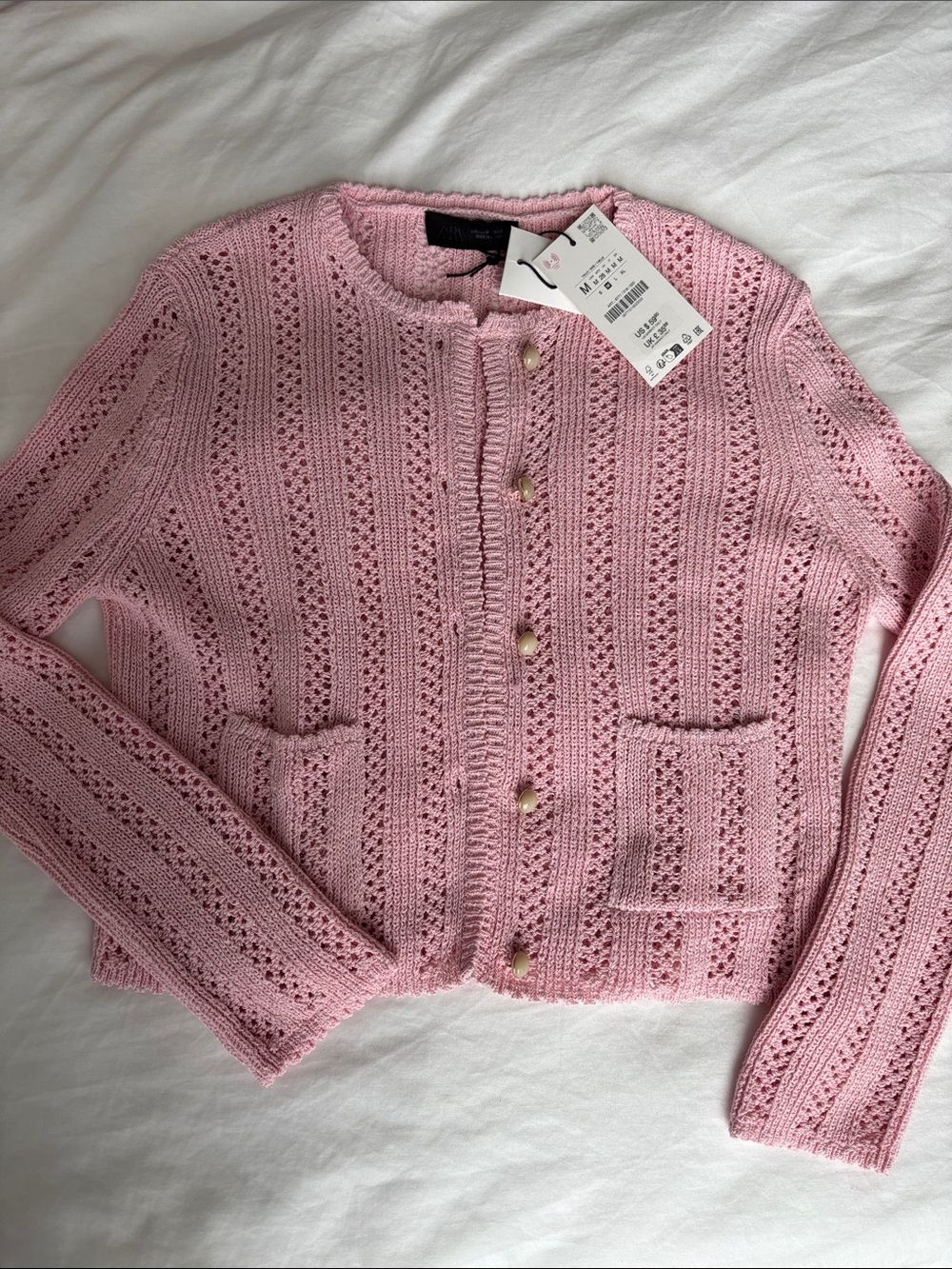 NEW Zara Women’s Pink Knit Cardigan Sweater with Pearl Buttons